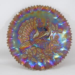 Lavender Purple Northwood Carnival Glass Peacocks on the Fence Pie Crust Bowl